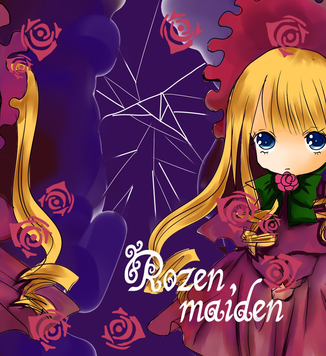 1girl blonde_hair blue_eyes bonnet bow dress flower image long_hair long_sleeves pink_flower pink_rose red_dress red_flower red_rose rose shinku solo