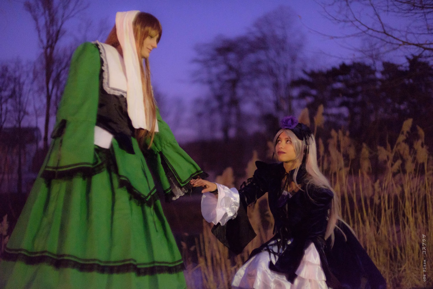 1girl blonde_hair closed_eyes dress long_hair long_sleeves multiple_cosplay night outdoors standing tagme tree veil