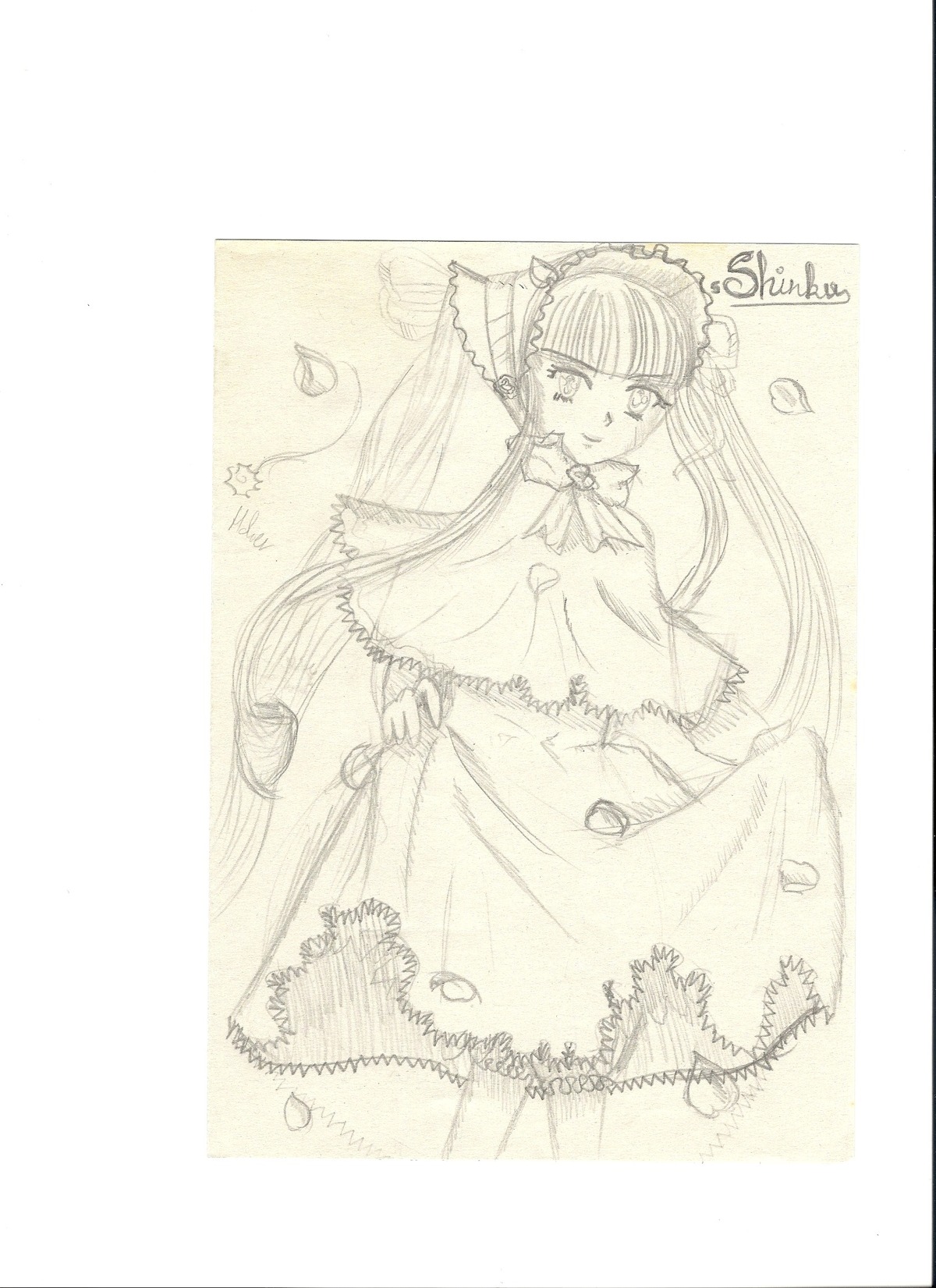 1girl bow dress frills image long_hair long_sleeves looking_at_viewer monochrome petals shinku simple_background smile solo twintails very_long_hair