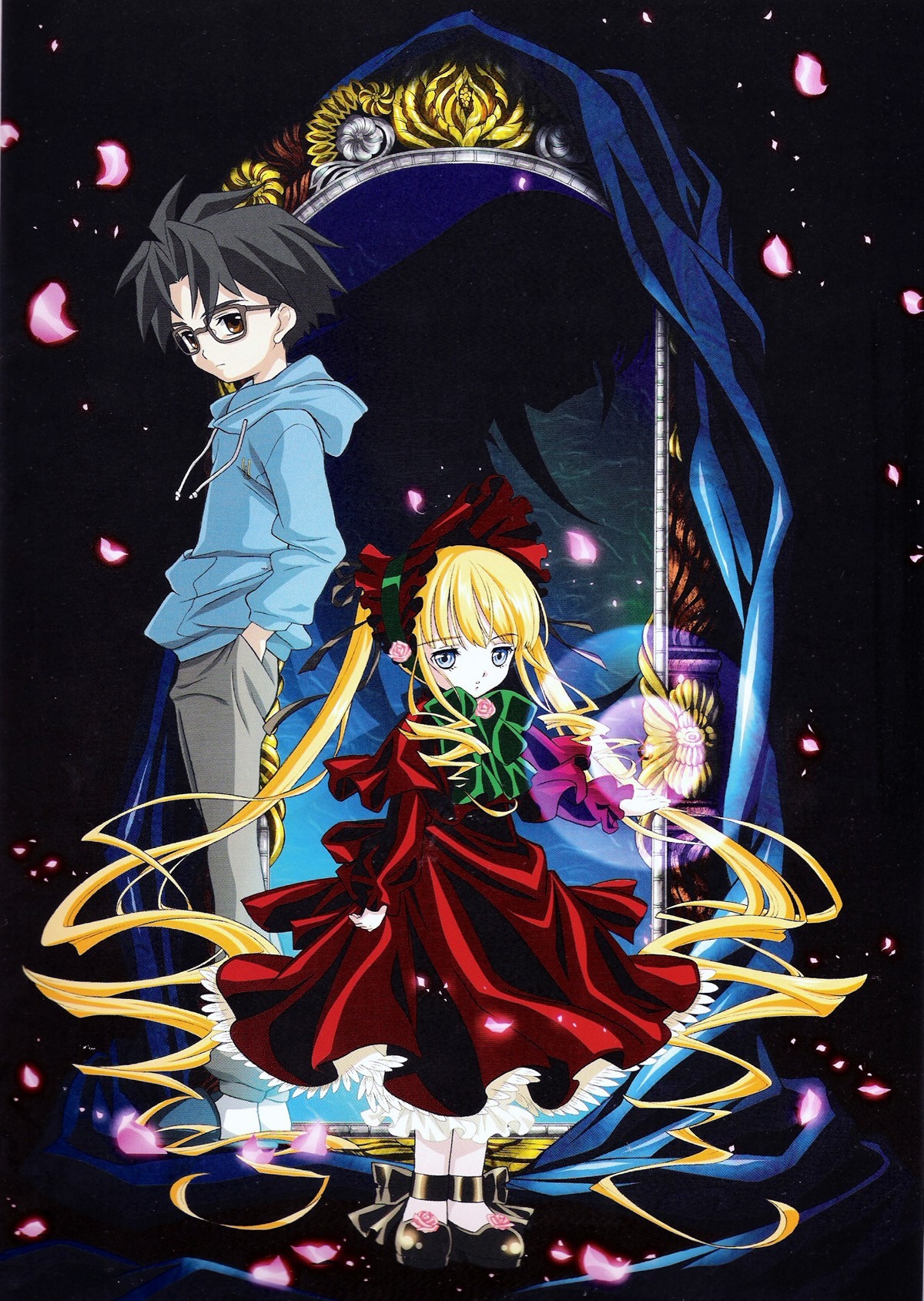 1boy 1girl auto_tagged black_hair blonde_hair blue_eyes bonnet bow brown_eyes cherry_blossoms dress flower glasses image long_hair long_sleeves looking_at_viewer petals red_dress rose_petals shinku shoes solo