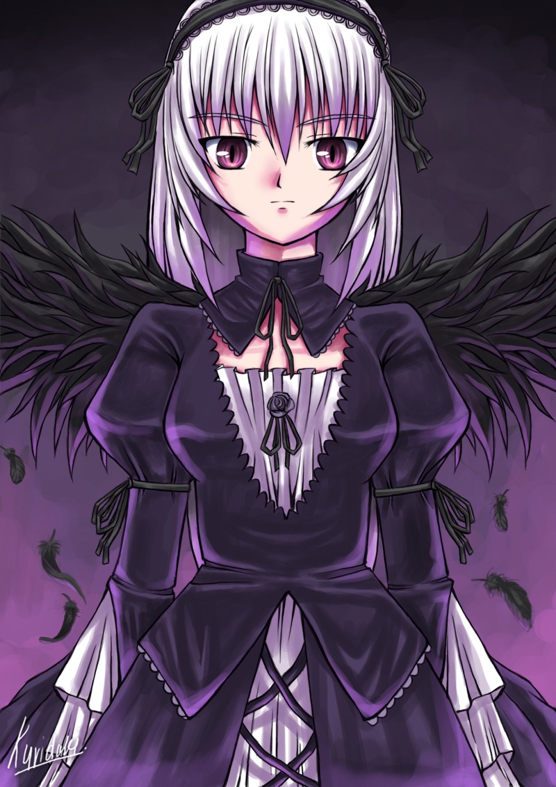 1girl black_ribbon black_wings cowboy_shot cross-laced_clothes detached_collar dress expressionless feathers frills hairband image juliet_sleeves lolita_hairband long_sleeves looking_at_viewer pink_eyes puffy_sleeves ribbon silver_hair solo standing suigintou wings