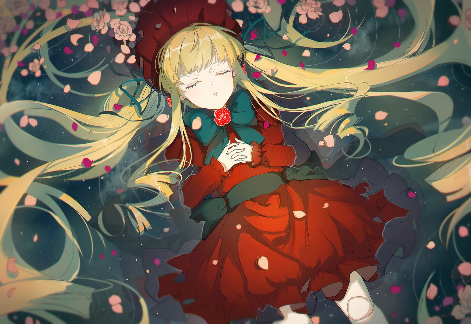 1girl bangs blonde_hair bonnet closed_eyes dress flower hands_clasped hands_together image interlocked_fingers long_hair long_sleeves lying on_back own_hands_together petals red_dress rose rose_petals shinku solo very_long_hair