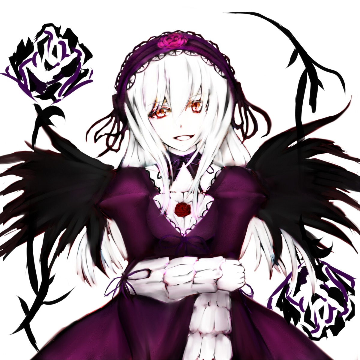 1girl black_wings dress flower frills hairband image long_hair long_sleeves looking_at_viewer red_eyes rose silver_hair smile solo suigintou white_background wings