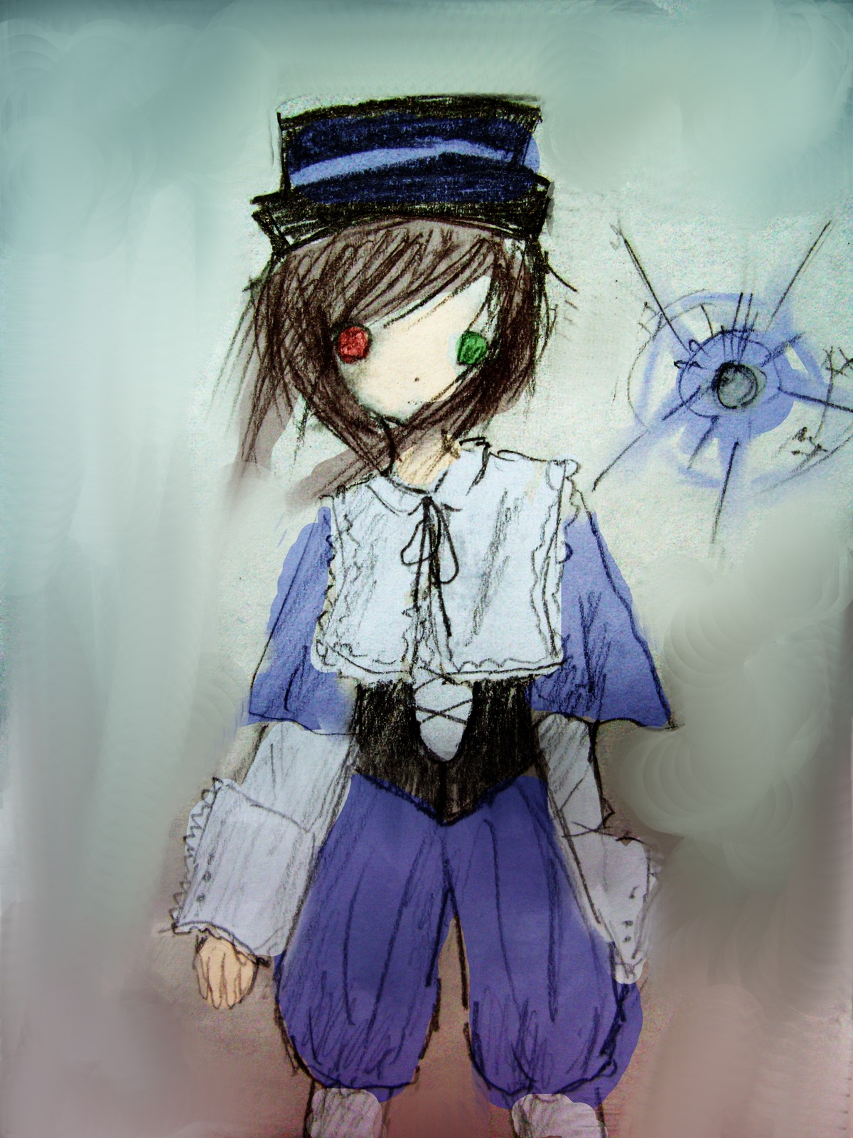 1girl blue_dress capelet dress expressionless hat image long_sleeves looking_at_viewer red_eyes short_hair solo souseiseki