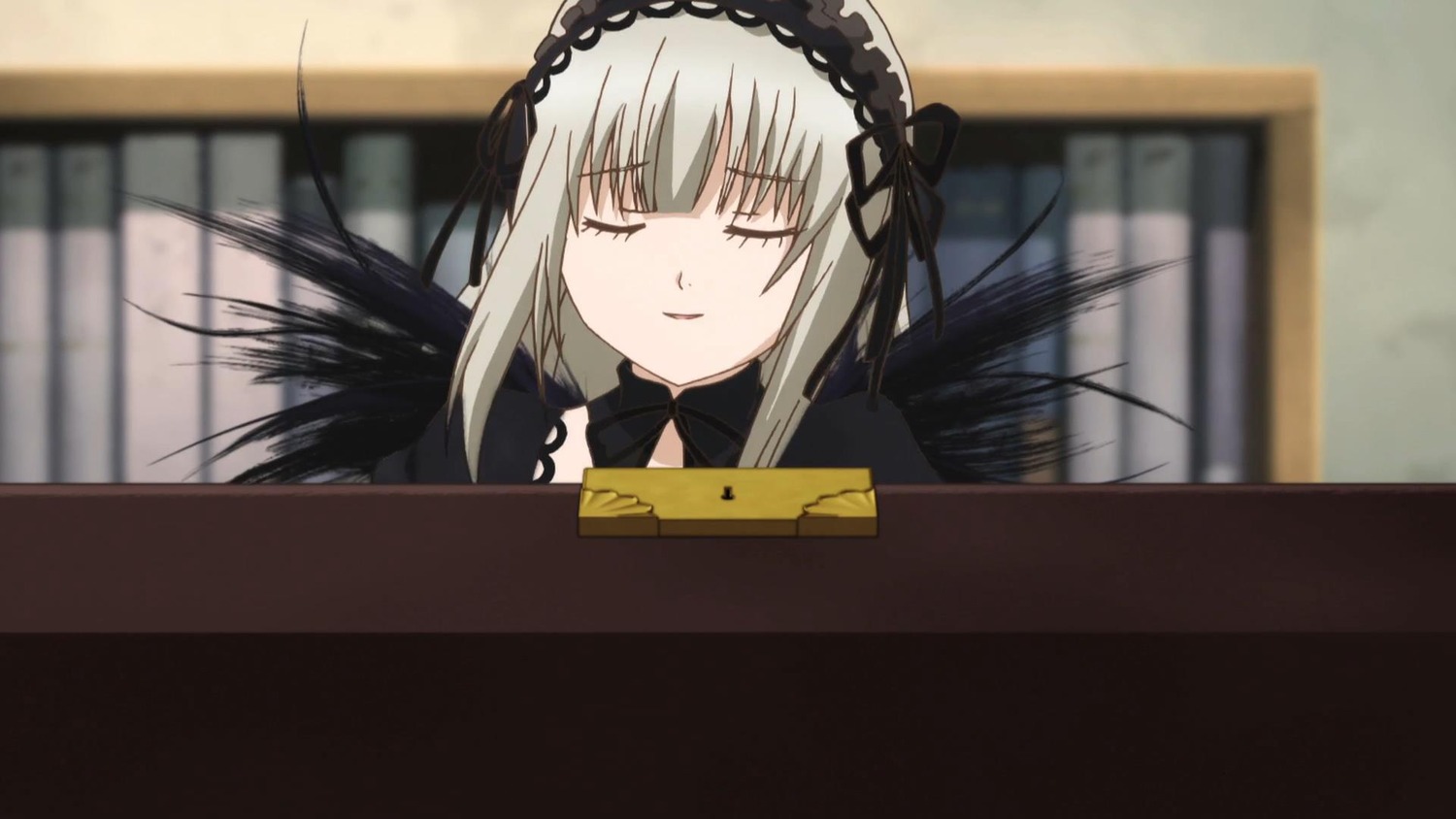 1girl bangs black_dress black_ribbon black_wings blurry blurry_background closed_eyes closed_mouth depth_of_field eyebrows_visible_through_hair hairband image long_hair ribbon silver_hair smile solo suigintou