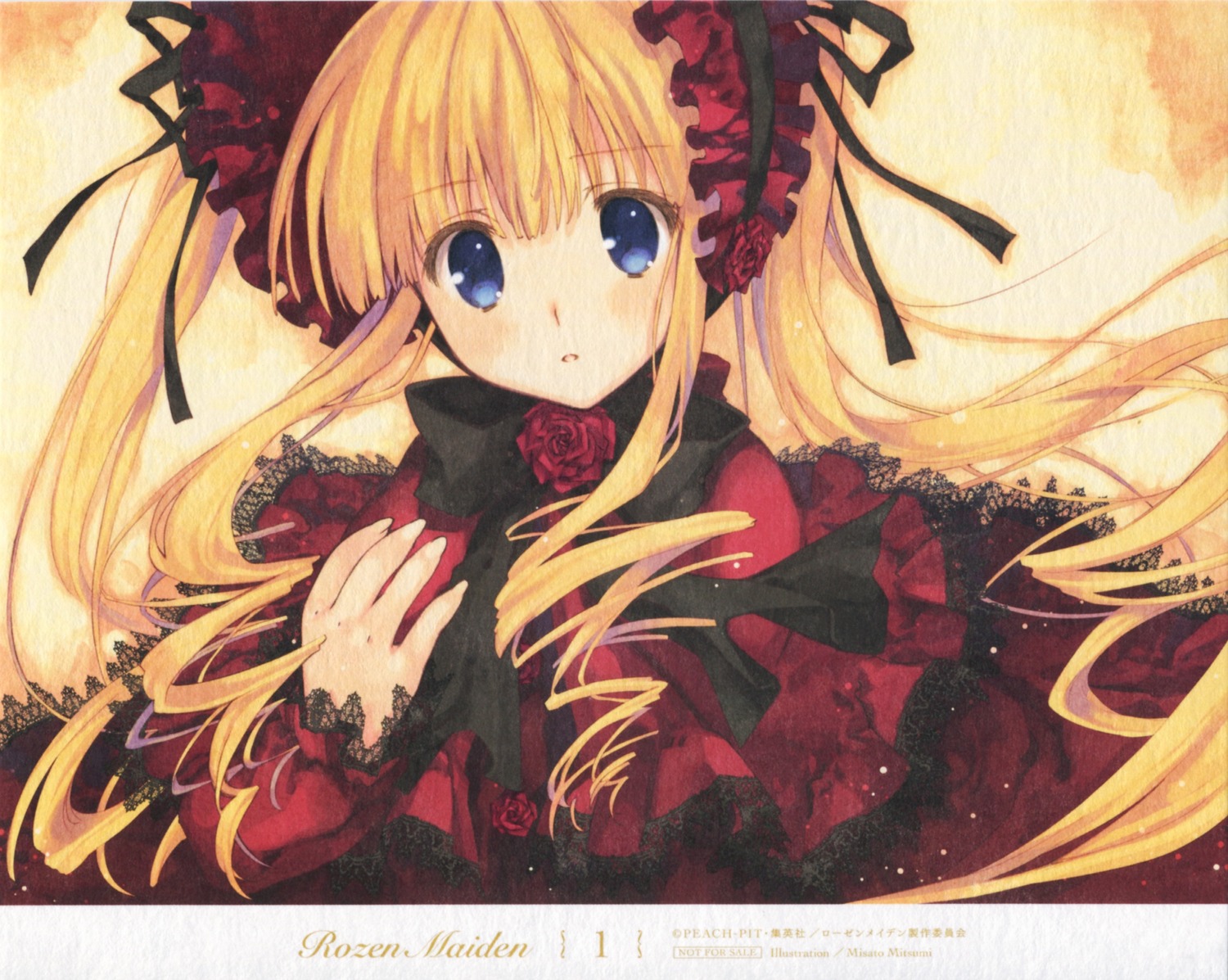 1girl :o auto_tagged bangs blonde_hair blue_eyes blush bow dress flower hair_ribbon image long_hair long_sleeves looking_at_viewer parted_lips ribbon rose shinku sidelocks simple_background solo twintails