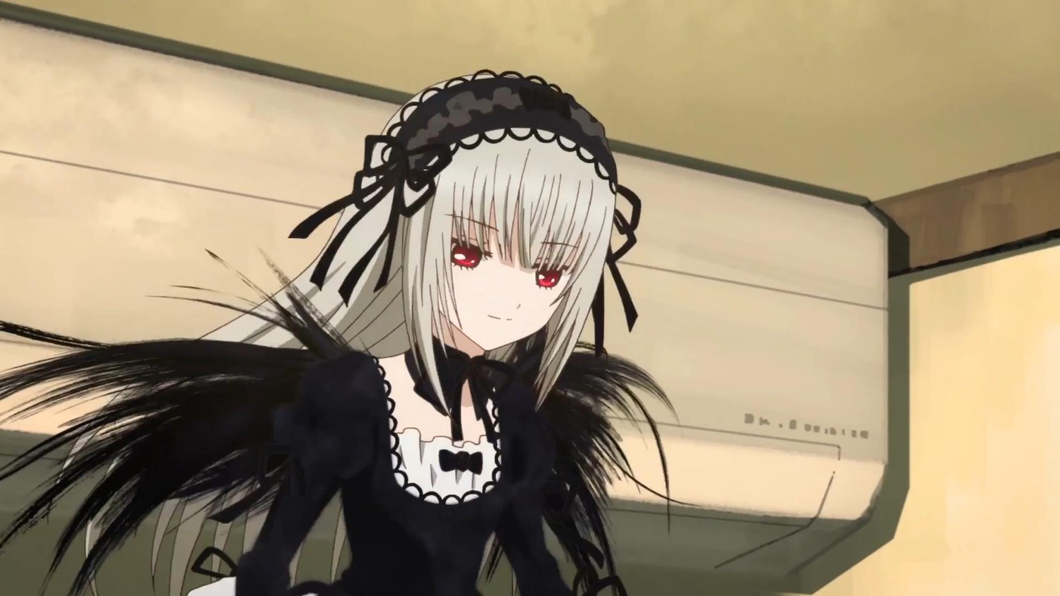 1girl black_dress black_ribbon closed_mouth dress frills hairband image long_hair long_sleeves looking_at_viewer red_eyes ribbon silver_hair smile solo suigintou wings