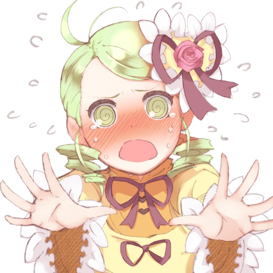 1girl @_@ blush commentary_request dress drill_hair flower flying_sweatdrops green_eyes green_hair hair_ornament image kanaria long_sleeves neck_ribbon nose_blush open_mouth outstretched_hand ribbon rose rozen_maiden shiro-inu simple_background solo tears twin_drills upper_body white_background