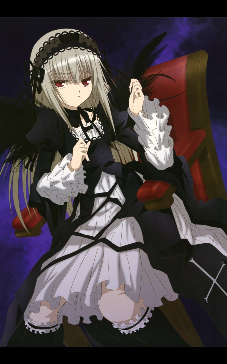 1girl black_legwear black_wings chair dress frills hairband image long_hair long_sleeves looking_at_viewer red_eyes ribbon rose silver_hair sitting solo suigintou thighhighs wings