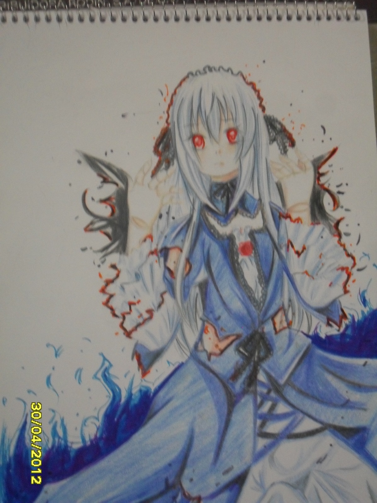 1girl blood dress hairband image long_hair long_sleeves looking_at_viewer photo red_eyes solo suigintou torn_clothes traditional_media wide_sleeves