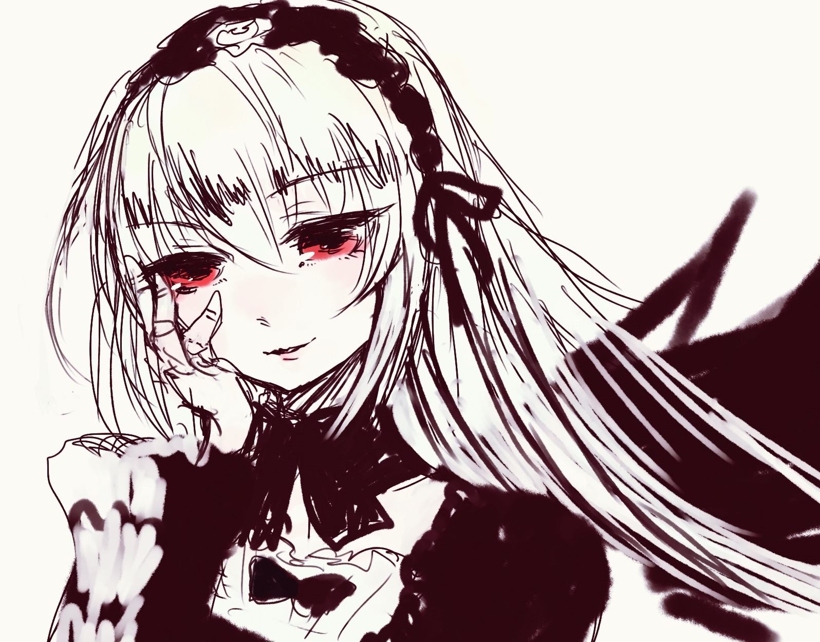 1girl bangs bow detached_collar dress eyebrows_visible_through_hair hairband image long_hair long_sleeves looking_at_viewer monochrome red_eyes simple_background smile solo suigintou