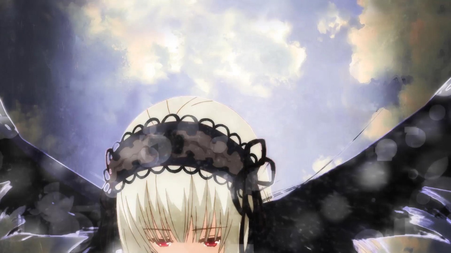 1girl bangs cloud cloudy_sky dress eyebrows_visible_through_hair hairband image looking_at_viewer outdoors red_eyes silver_hair sky solo suigintou