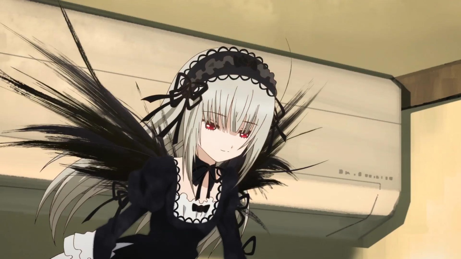1girl black_dress black_ribbon closed_mouth dress frills hairband image long_hair long_sleeves looking_at_viewer red_eyes ribbon silver_hair smile solo suigintou upper_body wings