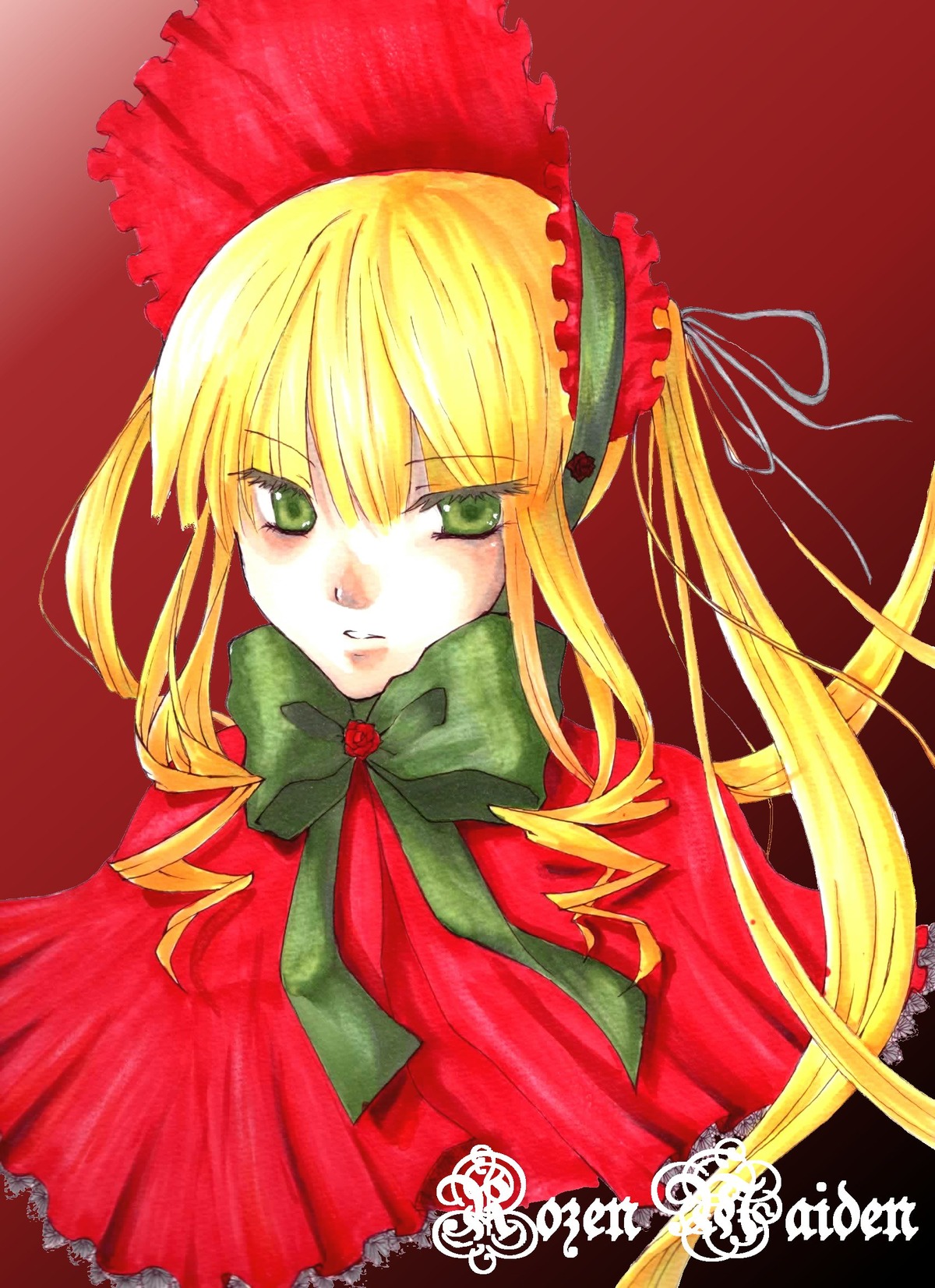 1girl blonde_hair bow bowtie capelet frills green_bow green_eyes green_neckwear image long_hair looking_at_viewer red_background red_capelet ribbon shinku simple_background solo twintails upper_body