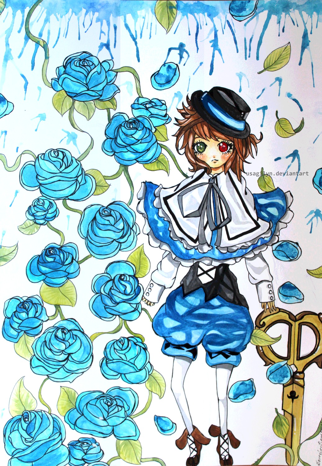 blue_flower blue_rose brown_hair capelet flower hat heterochromia image leaf marker_(medium) pantyhose pink_rose purple_rose red_eyes red_rose rose short_hair solo souseiseki thorns traditional_media vines white_legwear yellow_rose