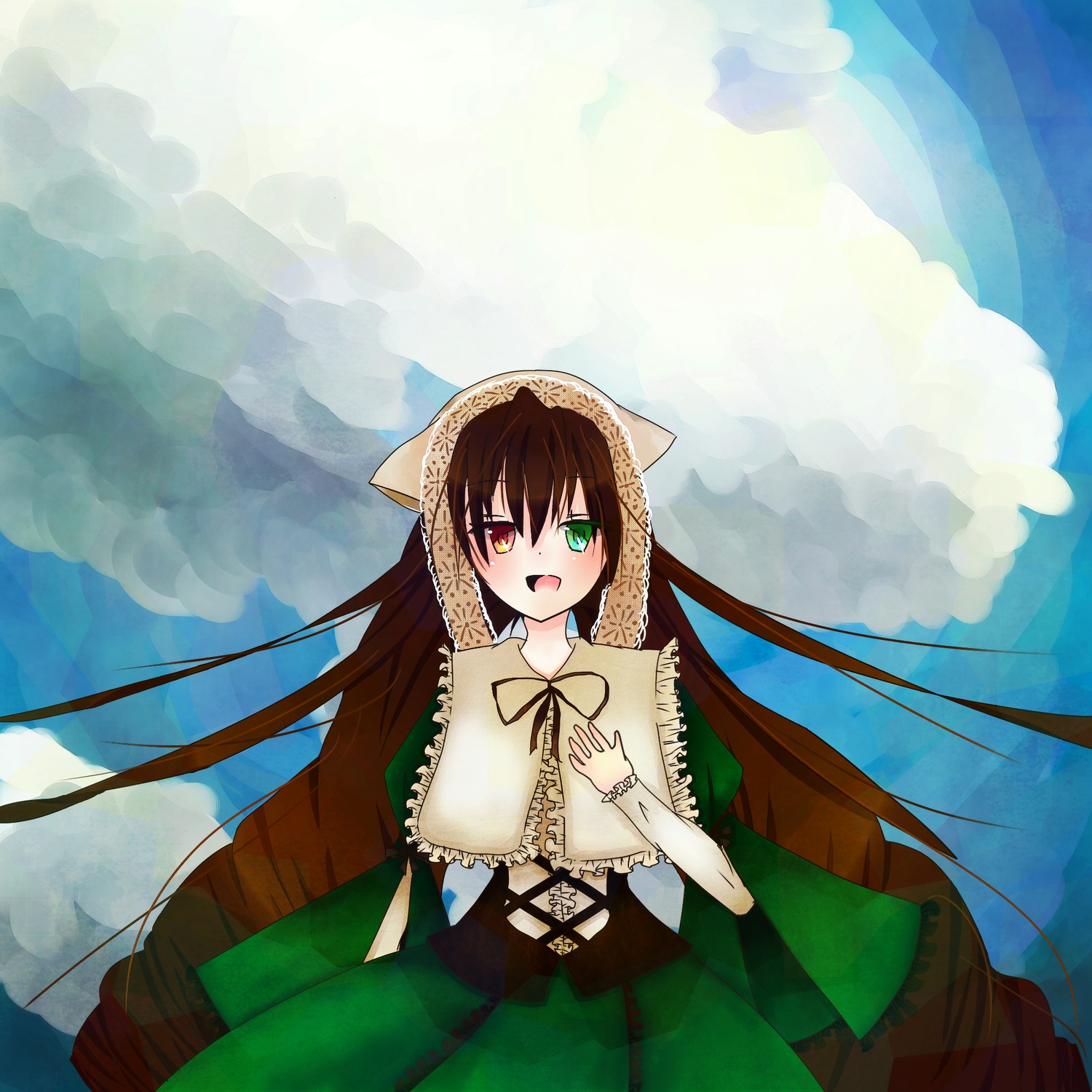 1girl :d brown_hair capelet cloud dress green_eyes heterochromia image long_hair looking_at_viewer open_mouth red_eyes sky smile solo suiseiseki very_long_hair