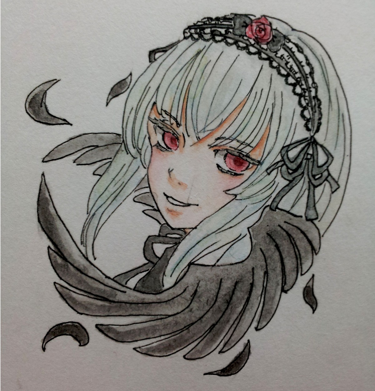 1girl bangs black_wings feathered_wings feathers flower hairband image long_hair looking_at_viewer petals portrait red_eyes ribbon rose rose_petals simple_background smile solo suigintou traditional_media wings
