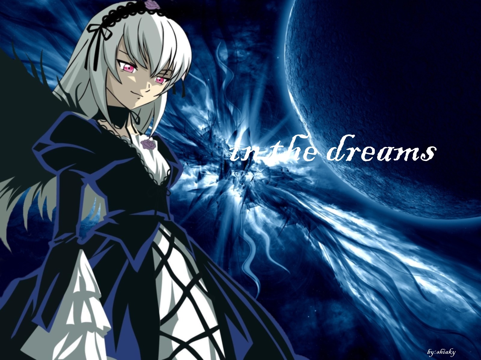 1girl black_wings dress frills hairband image juliet_sleeves long_hair long_sleeves looking_at_viewer moon pink_eyes puffy_sleeves red_eyes silver_hair solo suigintou wings