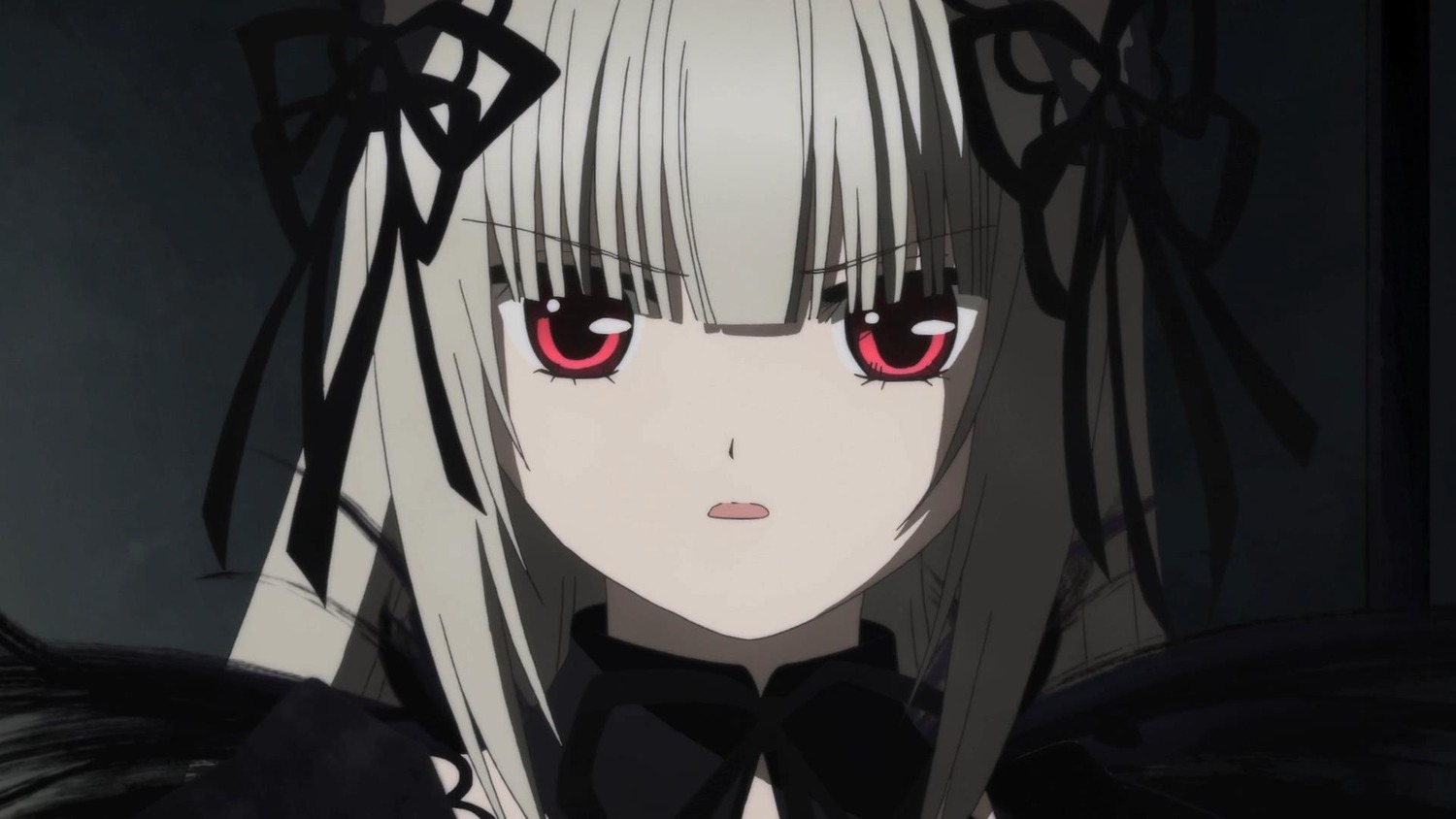 1girl bangs black_ribbon black_wings dress eyebrows_visible_through_hair hair_ribbon image long_hair looking_at_viewer red_eyes ribbon solo suigintou