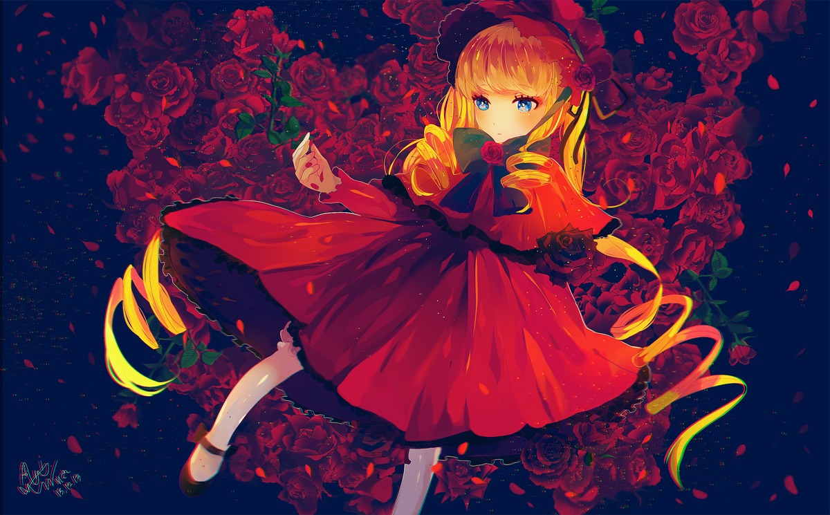 1girl blonde_hair blue_eyes bow capelet dress drill_hair flower image lolita_fashion long_hair mary_janes petals red_capelet red_dress red_flower red_rose rose rose_petals shinku shoes signature solo thorns