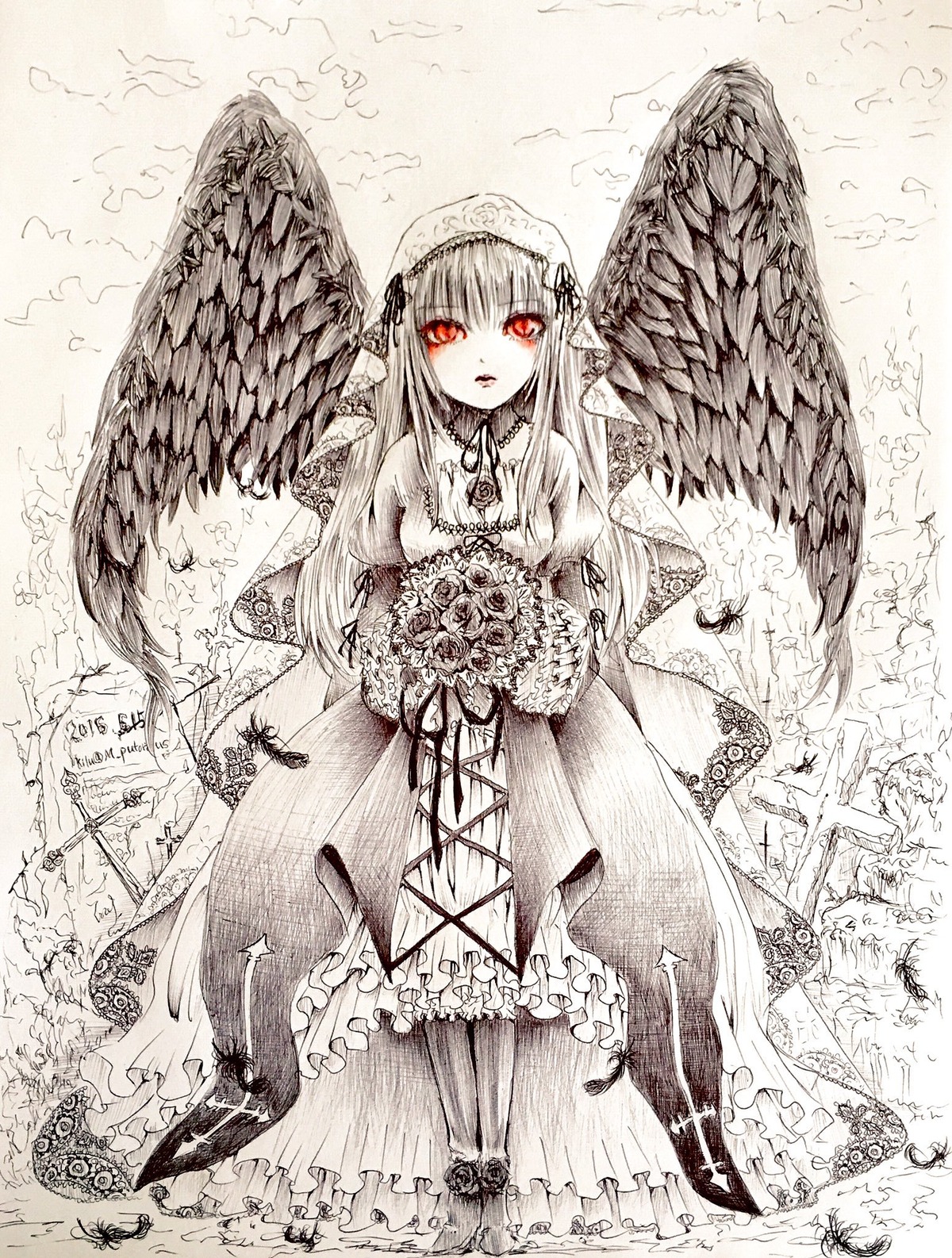 1girl bouquet dress feathers flower frills image long_hair looking_at_viewer monochrome red_eyes rose solo suigintou traditional_media wings