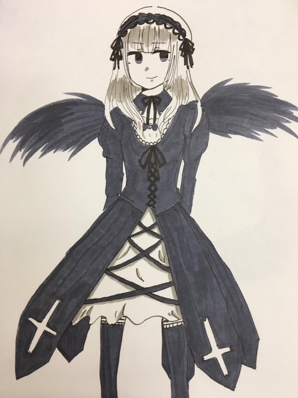 1girl bangs black_legwear black_ribbon black_wings blunt_bangs cross dress feathered_wings frills hairband image long_hair long_sleeves looking_at_viewer ribbon simple_background solo standing suigintou wings