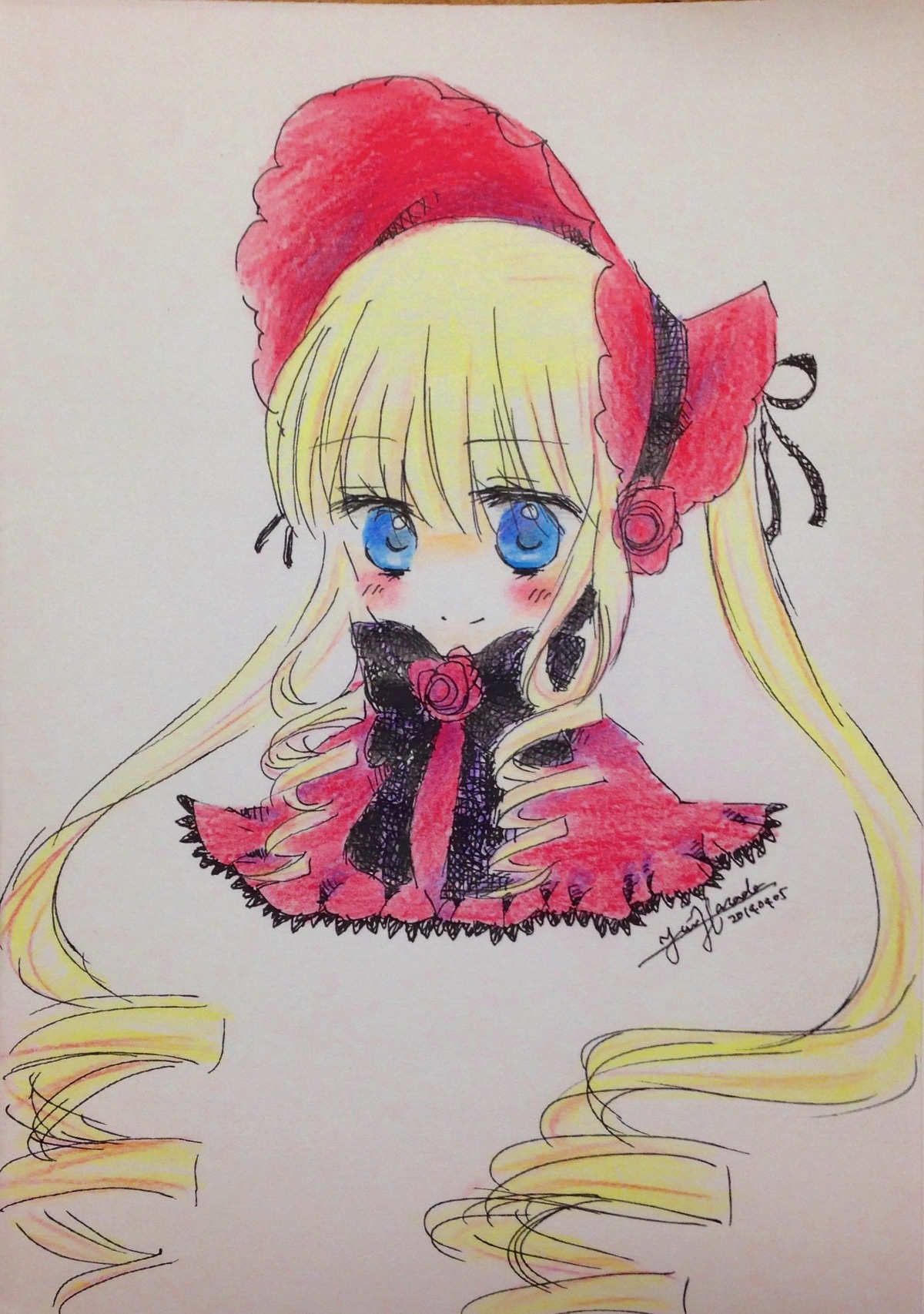 1girl artist_name bangs black_ribbon blonde_hair blue_eyes blush bow bowtie capelet closed_mouth colored_pencil_(medium) dated drill_hair eyebrows_visible_through_hair flower image long_hair looking_at_viewer marker_(medium) photo rose shinku sidelocks signature simple_background smile solo traditional_media twintails watercolor_(medium)