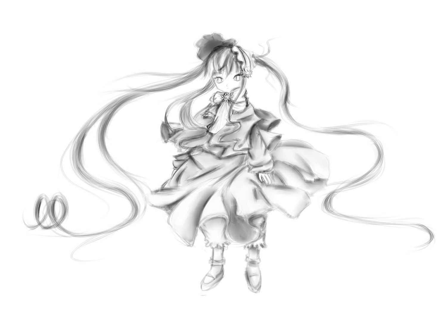 1girl bow dress full_body greyscale image long_hair long_sleeves looking_at_viewer monochrome shinku solo striped twintails vertical_stripes very_long_hair white_background