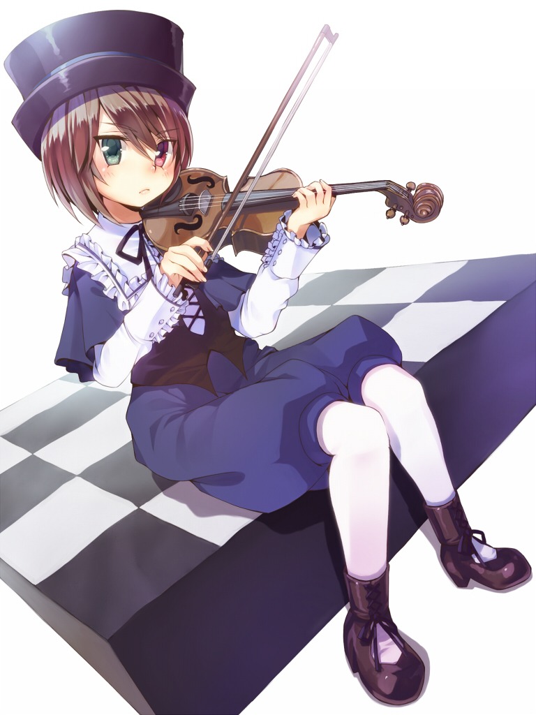 1girl argyle argyle_background argyle_legwear blush board_game brown_hair checkered checkered_background checkered_floor chess_piece commentary_request green_eyes hat heterochromia holding image instrument looking_at_viewer md5_mismatch otoko_no_ko pantyhose perspective red_eyes revision ribbon rozen_maiden short_hair sitting solo souseiseki tile_floor tiles top_hat umeboshitora violin white_legwear