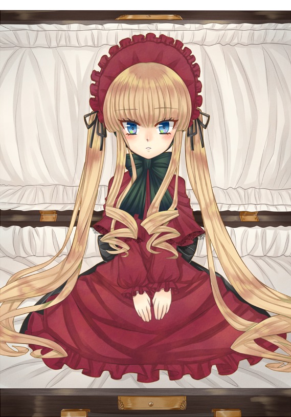 1girl auto_tagged blonde_hair blue_eyes blush bonnet dress drill_hair image lolita_fashion long_hair long_sleeves looking_at_viewer red_dress shinku sitting solo twintails very_long_hair