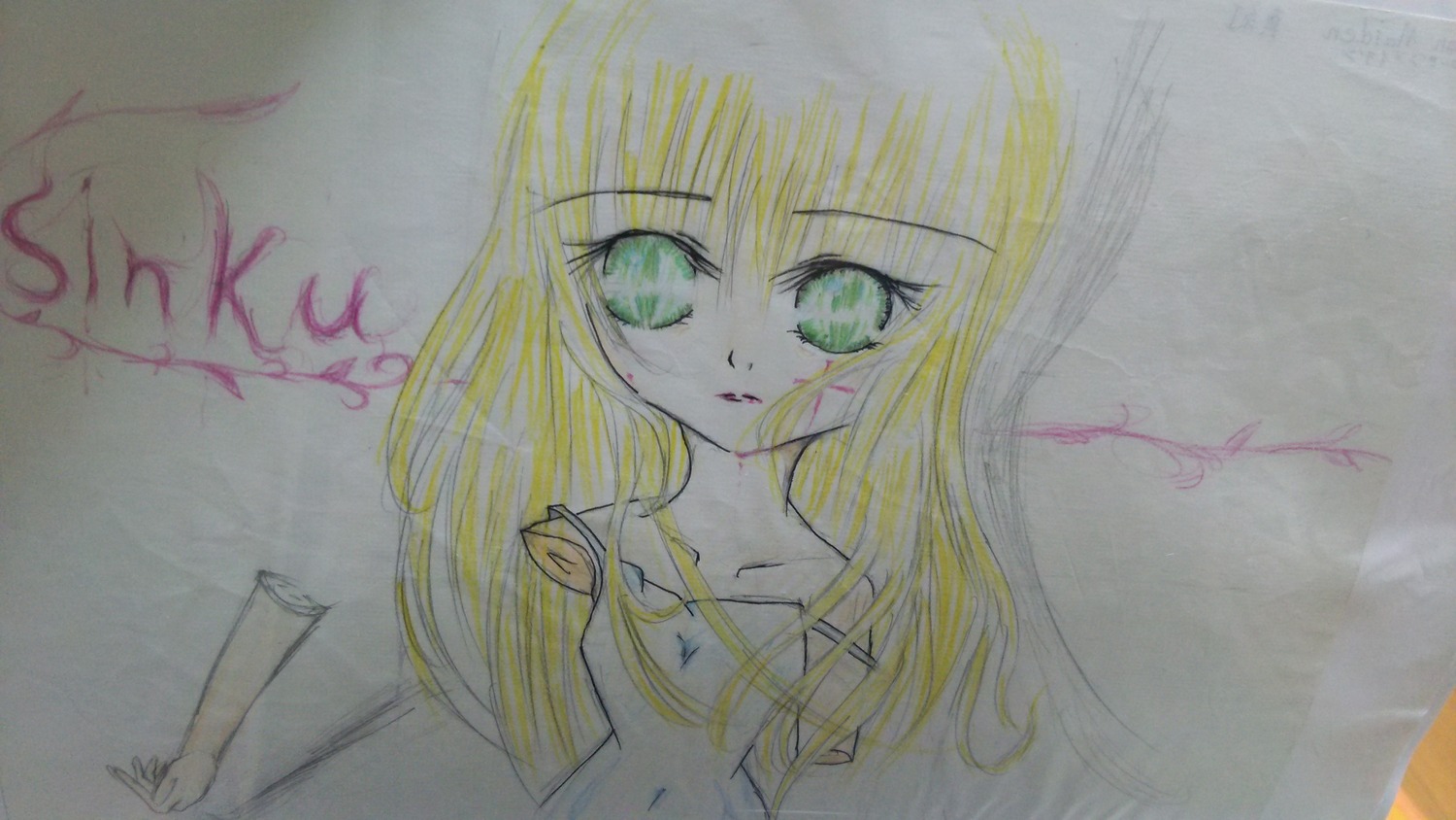 1girl blonde_hair color_trace green_eyes image long_hair looking_at_viewer photo shinku solo traditional_media