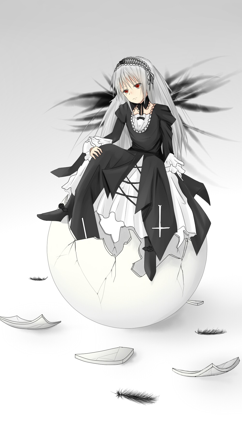 1girl bangs black_dress black_feathers black_wings dress feathers flower frills full_body gradient gradient_background hairband image juliet_sleeves long_hair long_sleeves looking_at_viewer puffy_sleeves red_eyes ribbon rose solo suigintou wings