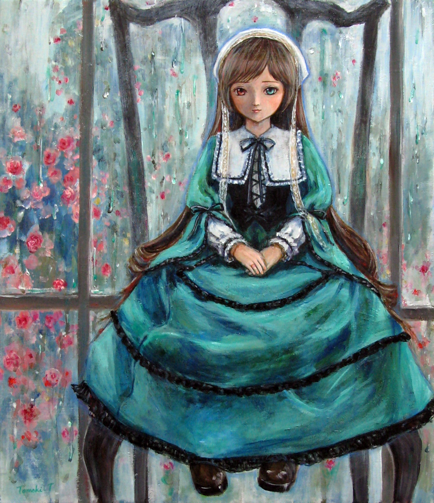 1girl bad_id bad_pixiv_id black_ribbon brown_hair chair dress flower frills green_dress green_eyes hairband heterochromia highres image long_hair long_sleeves looking_at_viewer pantyhose petals photoshop_(medium) red_eyes ribbon rose rozen_maiden shoes sitting solo suiseiseki tafuto traditional_media