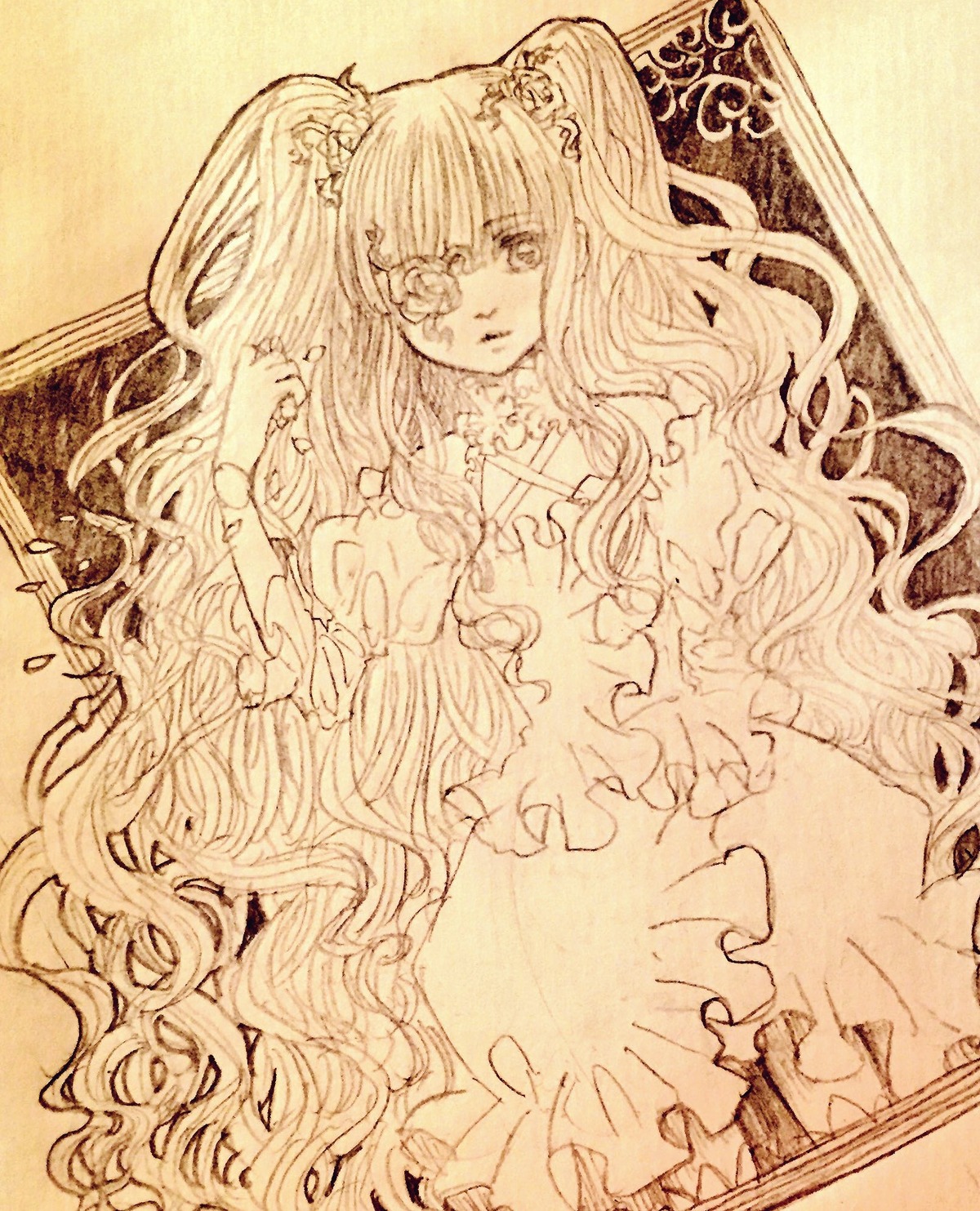 1girl dress eyepatch flower frills hair_ornament image kirakishou long_hair looking_at_viewer monochrome rose solo traditional_media very_long_hair wavy_hair