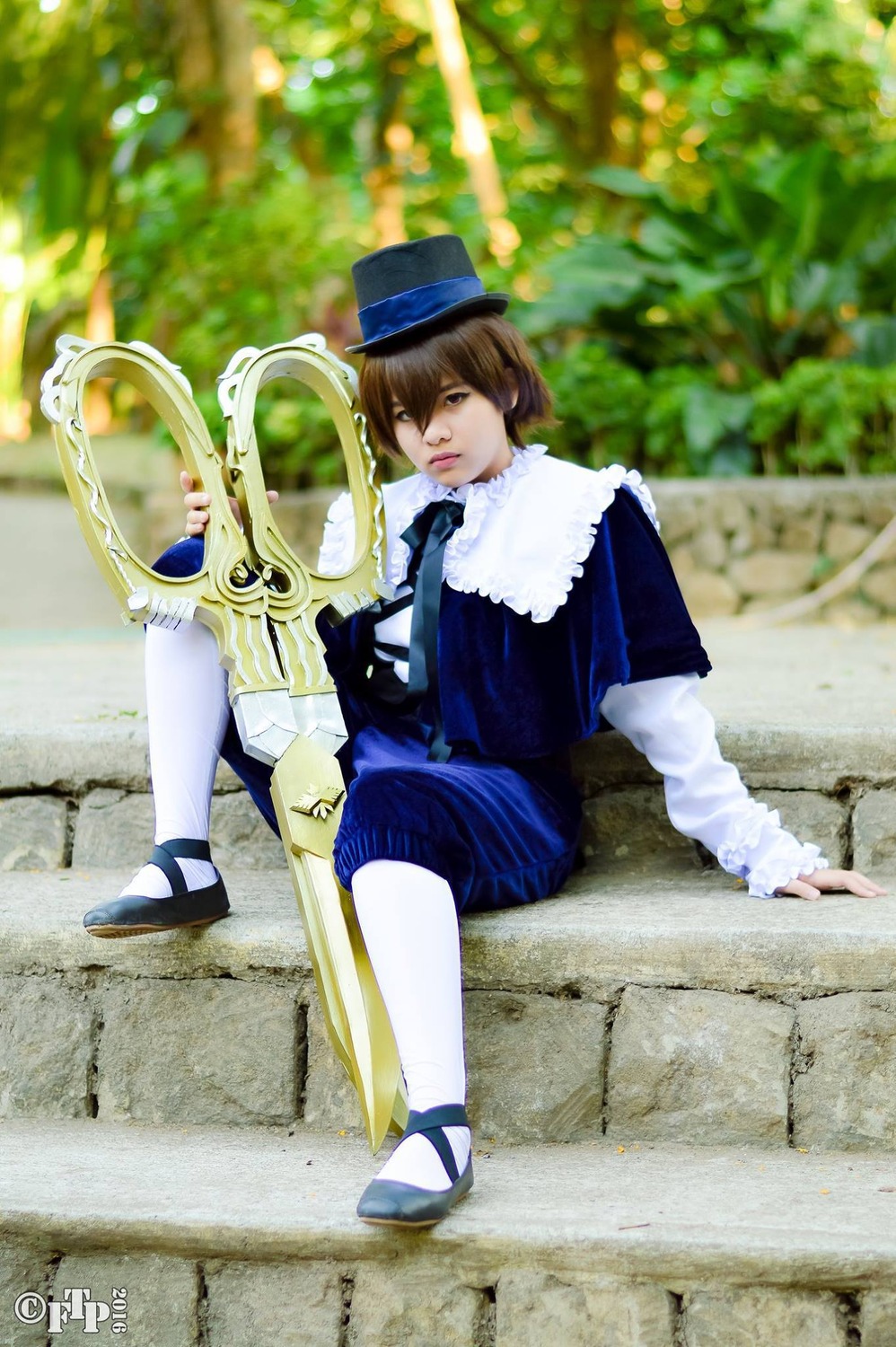 1boy brown_hair hat long_sleeves mary_janes shoes sitting solo souseiseki stairs top_hat white_legwear