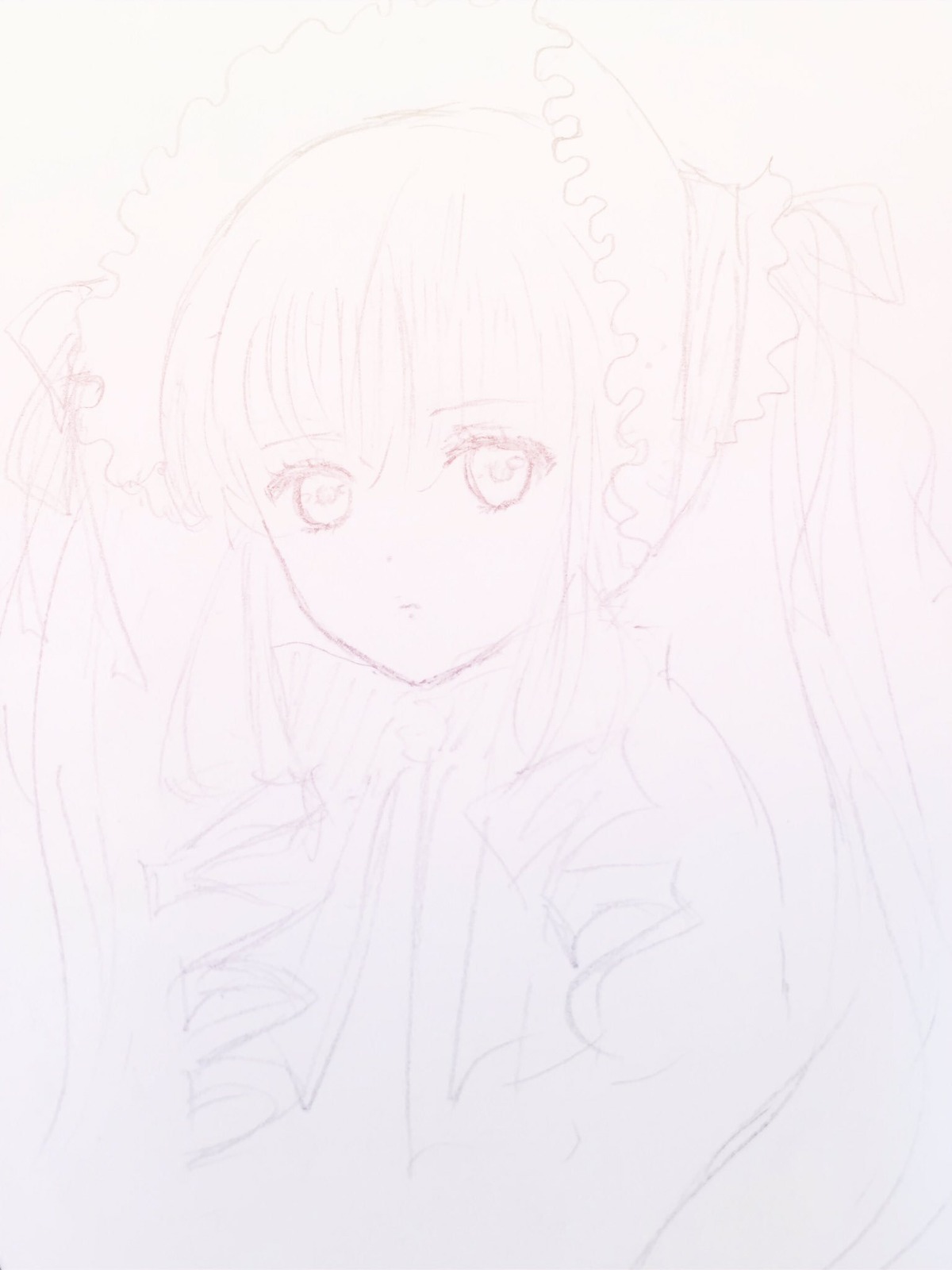 1girl blush bow image long_hair looking_at_viewer monochrome shinku simple_background sketch solo upper_body white_background