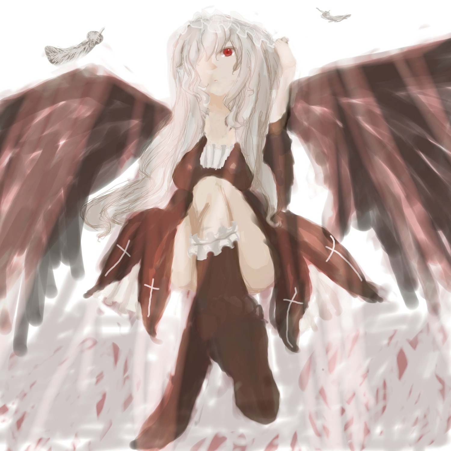1girl bird bloomers bug butterfly dove dress feathers image insect long_hair red_eyes sitting solo suigintou wings