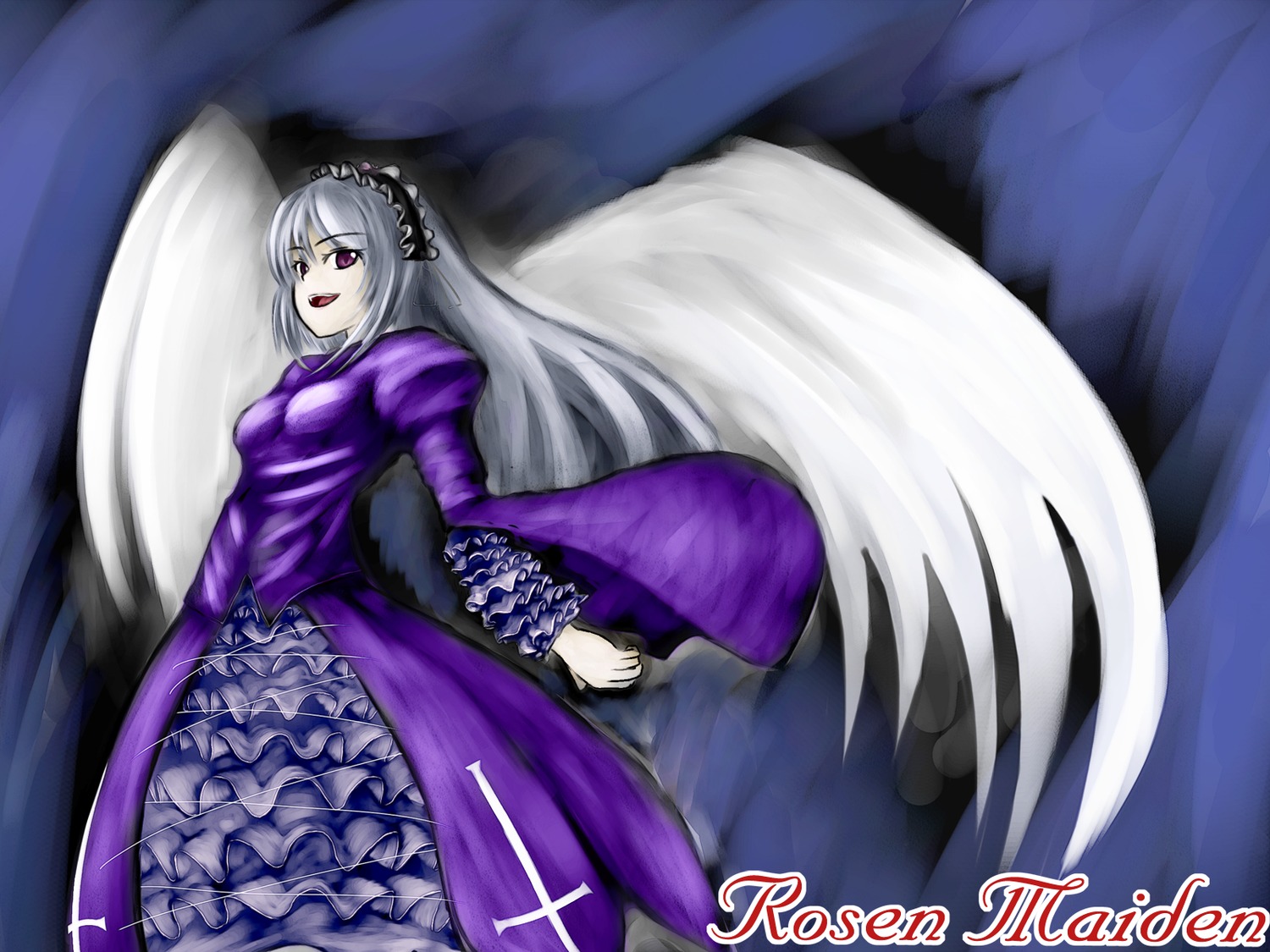 1girl auto_tagged dress frilled_sleeves frills hairband image long_hair long_sleeves purple_dress purple_rose silver_hair solo suigintou very_long_hair wings