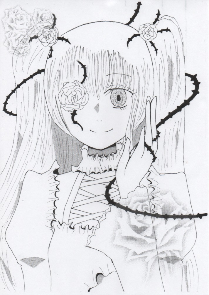 1girl blush dress flower frills greyscale hair_flower hair_ornament image kirakishou long_hair long_sleeves monochrome rose smile solo thorns traditional_media upper_body