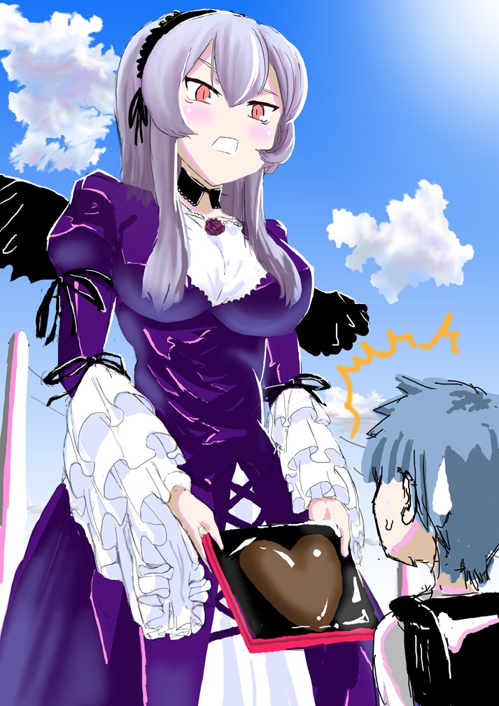 1boy 1girl black_wings blue_hair blush cloud day dress frills image long_hair long_sleeves red_eyes silver_hair sky solo suigintou wings