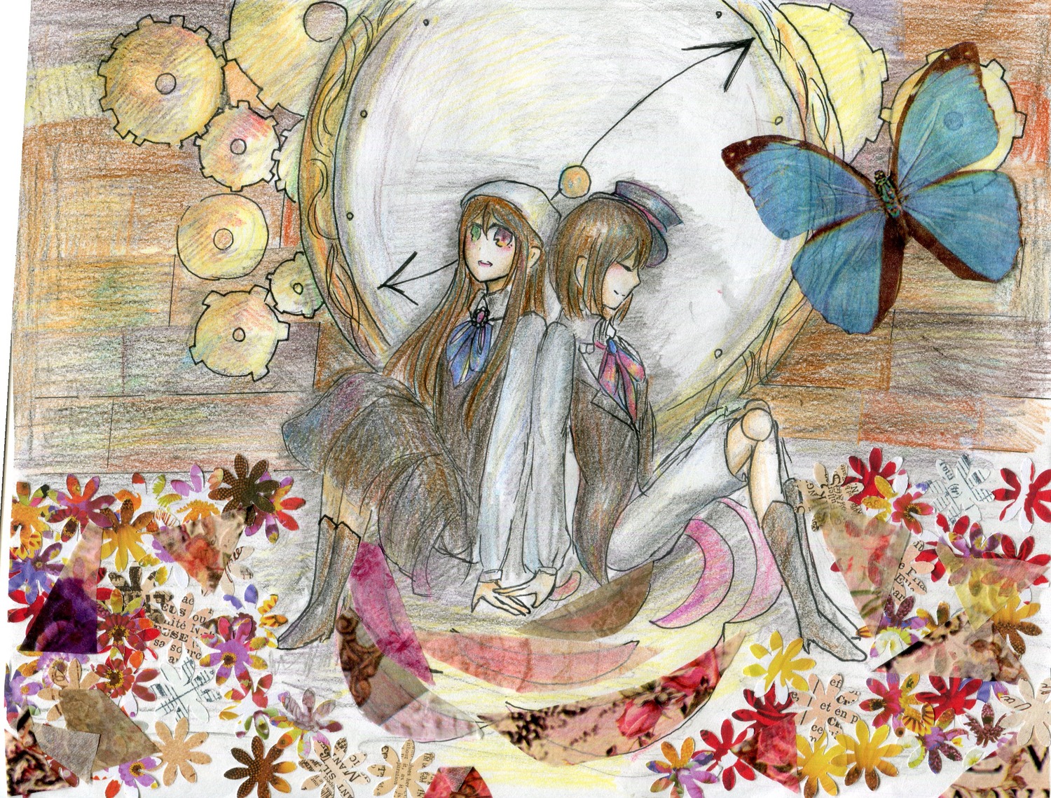 2girls brown_hair bug butterfly closed_eyes dress flower hat image insect long_hair multiple_girls pair souseiseki suiseiseki traditional_media watercolor_(medium)