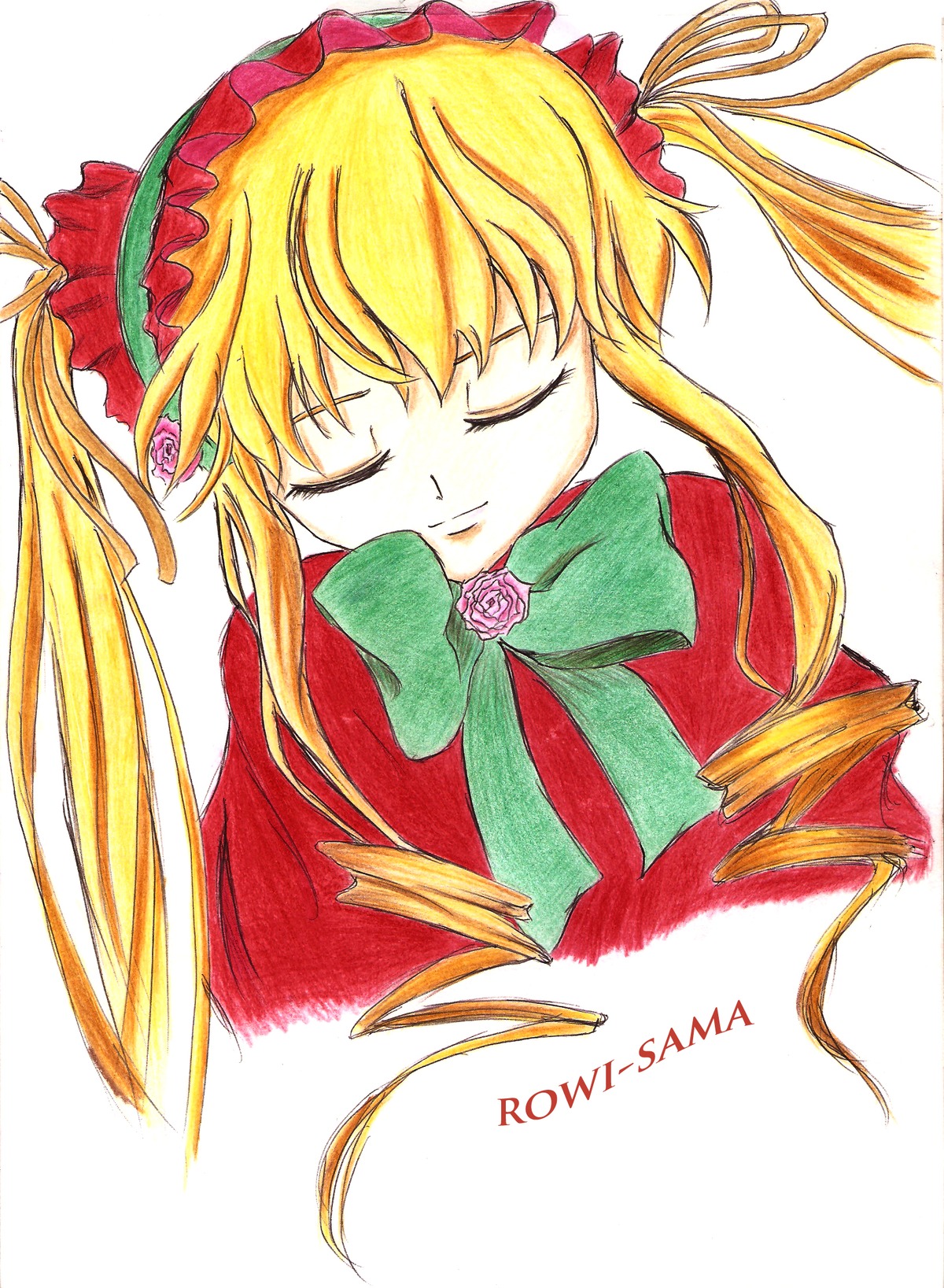 1girl blonde_hair bow bowtie closed_eyes drill_hair flower image long_hair marker_(medium) pink_rose rose shinku simple_background solo traditional_media twintails white_background