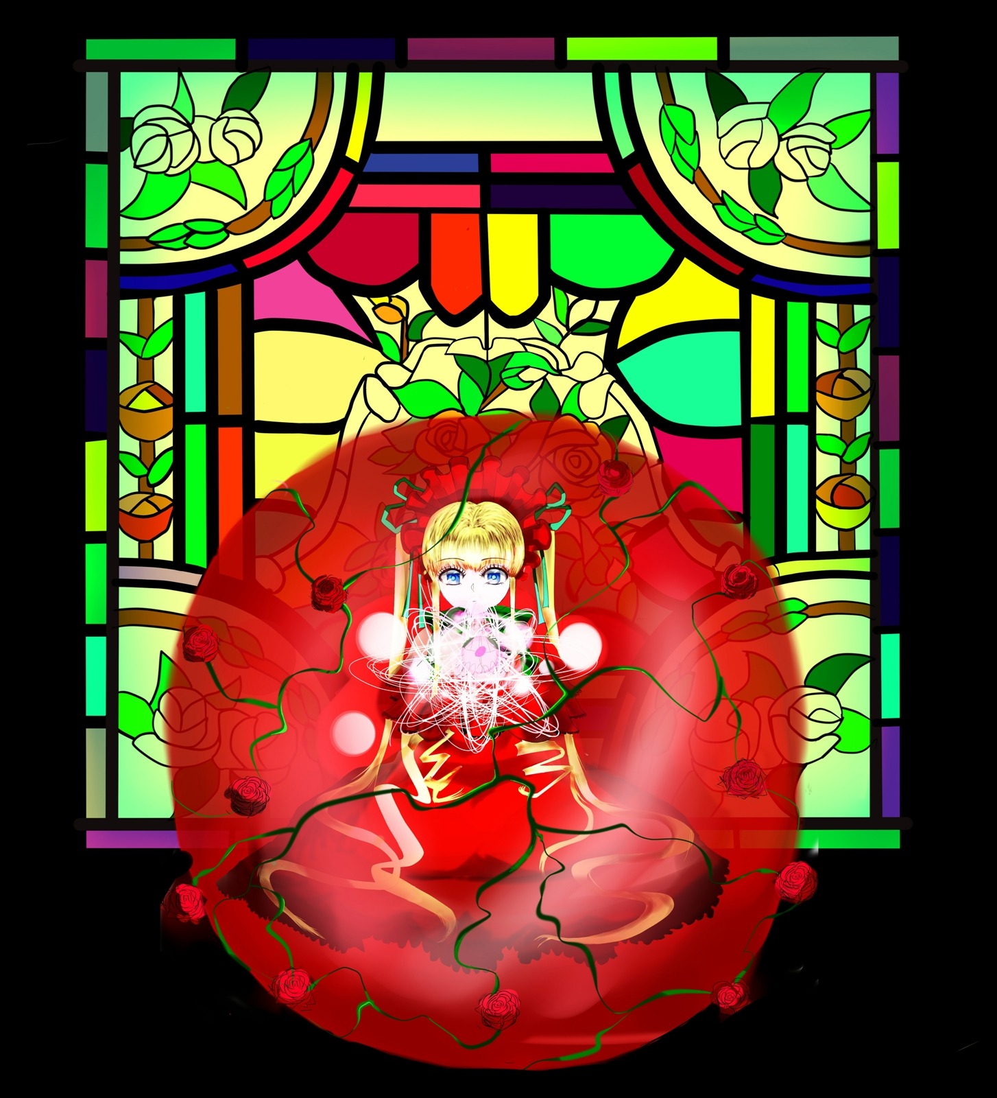 1girl auto_tagged blonde_hair blue_eyes bug butterfly dress flower image letterboxed plant red_flower red_rose rose shinku solo stained_glass thorns vines