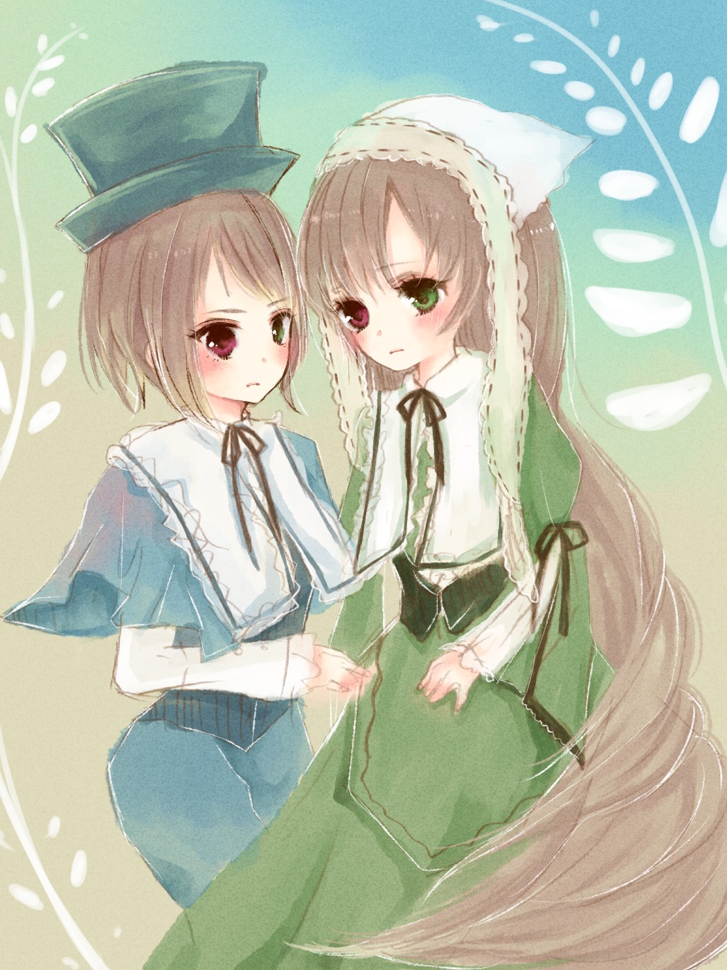 2girls auto_tagged blue_dress blush brown_hair dress green_dress green_eyes hat head_scarf heterochromia holding_hands image long_hair long_sleeves looking_at_viewer multiple_girls pair red_eyes short_hair siblings sisters souseiseki suiseiseki twins very_long_hair