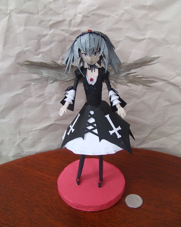 1girl closed_mouth doll dress hairband looking_at_viewer rose solo standing suigintou wings
