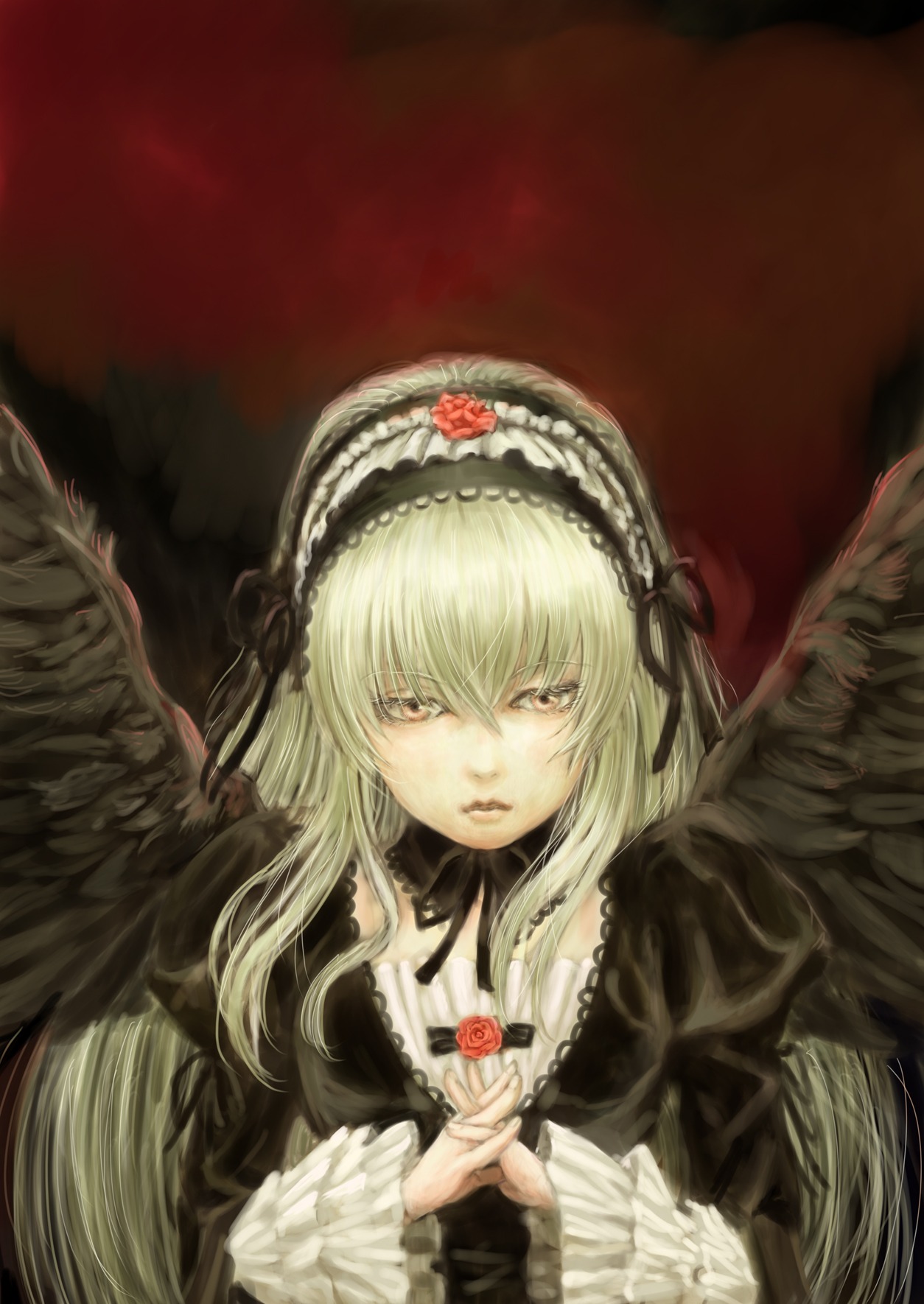 1girl angel_wings black_ribbon black_wings blonde_hair brown_eyes commentary_request dress feathered_wings feathers flower frills hairband highres image long_hair long_sleeves looking_at_viewer red_flower red_rose ribbon rose rozen_maiden silver_hair solo suigintou tsun_(tsutaya01) upper_body white_hair white_wings wings