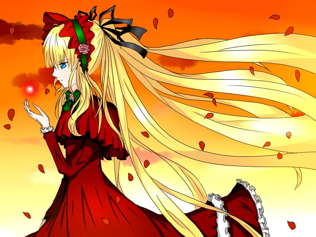 1girl blonde_hair blue_eyes dress flower frills hair_ribbon image long_hair long_sleeves petals red_dress ribbon rose rose_petals shinku solo very_long_hair