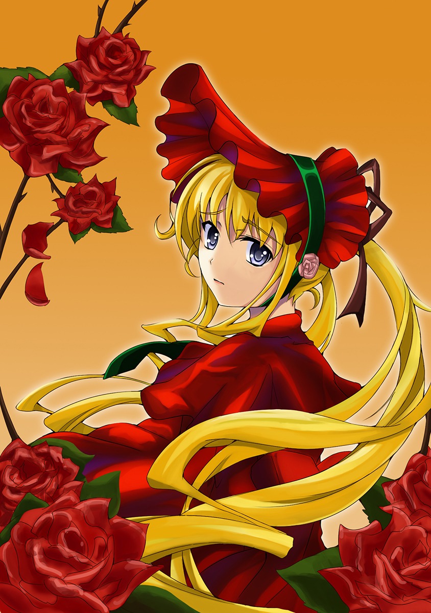 1girl blonde_hair blue_eyes bonnet bouquet flower image long_hair looking_at_viewer pink_flower pink_rose purple_rose red_capelet red_flower red_rose rose rose_petals shinku solo thorns twintails yellow_rose