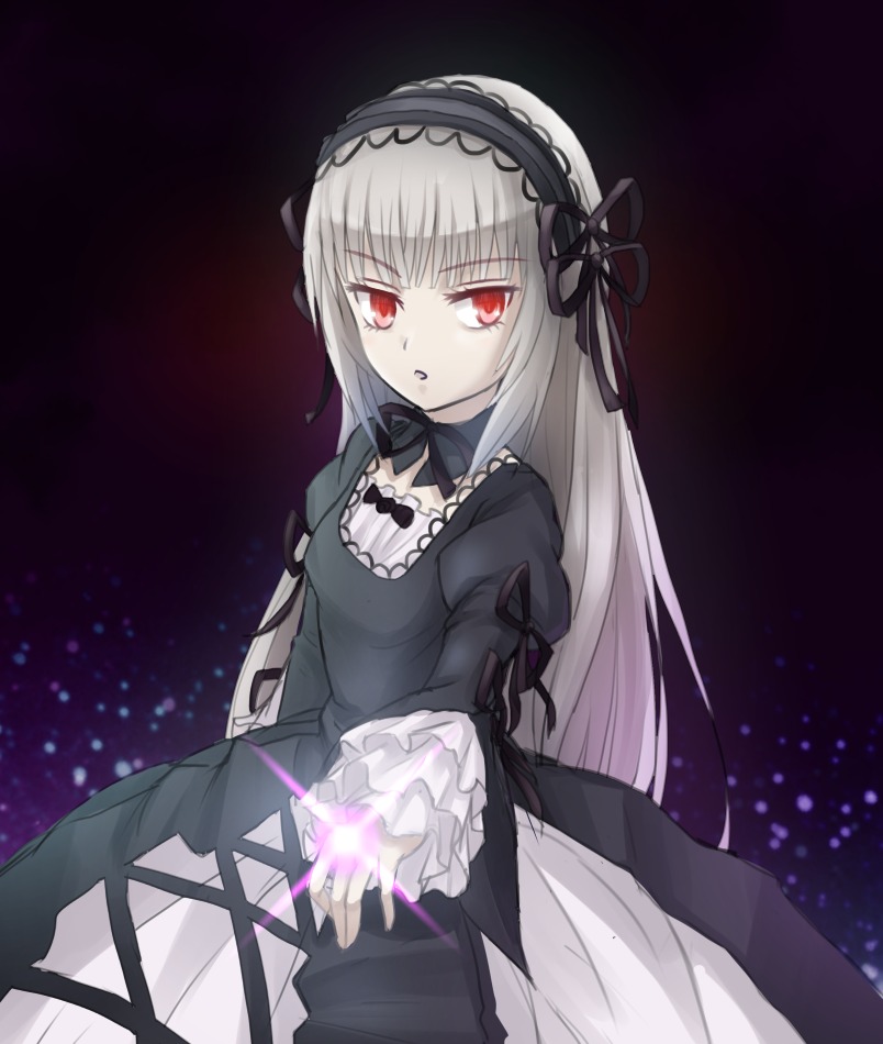 1girl bangs black_dress black_ribbon dress eyebrows_visible_through_hair frills gothic_lolita hairband image juliet_sleeves lolita_fashion lolita_hairband long_hair long_sleeves looking_at_viewer pale_skin puffy_sleeves red_eyes ribbon silver_hair solo suigintou very_long_hair