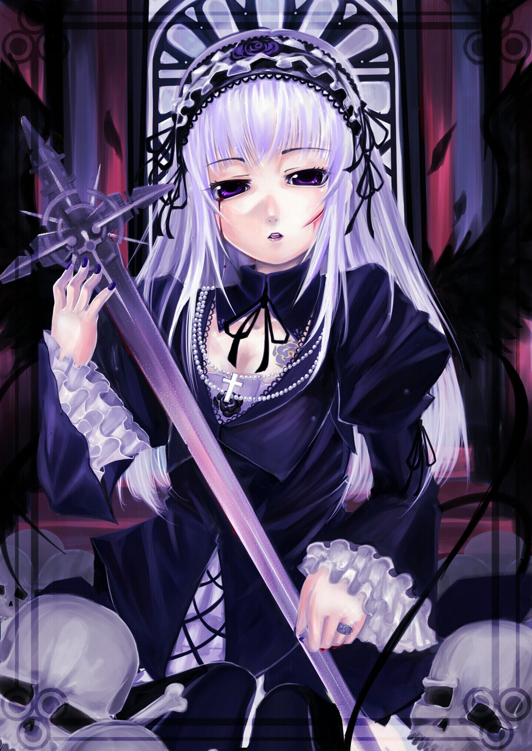 1girl detached_collar dress frills gothic_lolita hairband image lolita_fashion lolita_hairband long_hair long_sleeves looking_at_viewer silver_hair solo suigintou wings